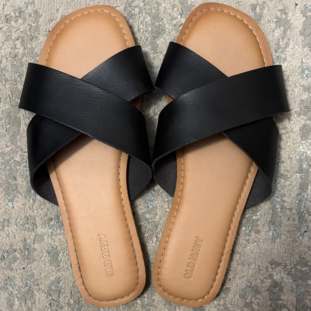 Old Navy Black Crisscross Slide Sandals with Tan Footbed